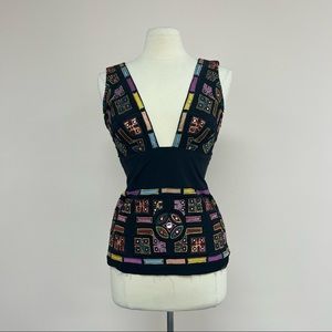 Nicole Miller Aztec/Geometric Embroidered Tank Top in Black/Multicolor